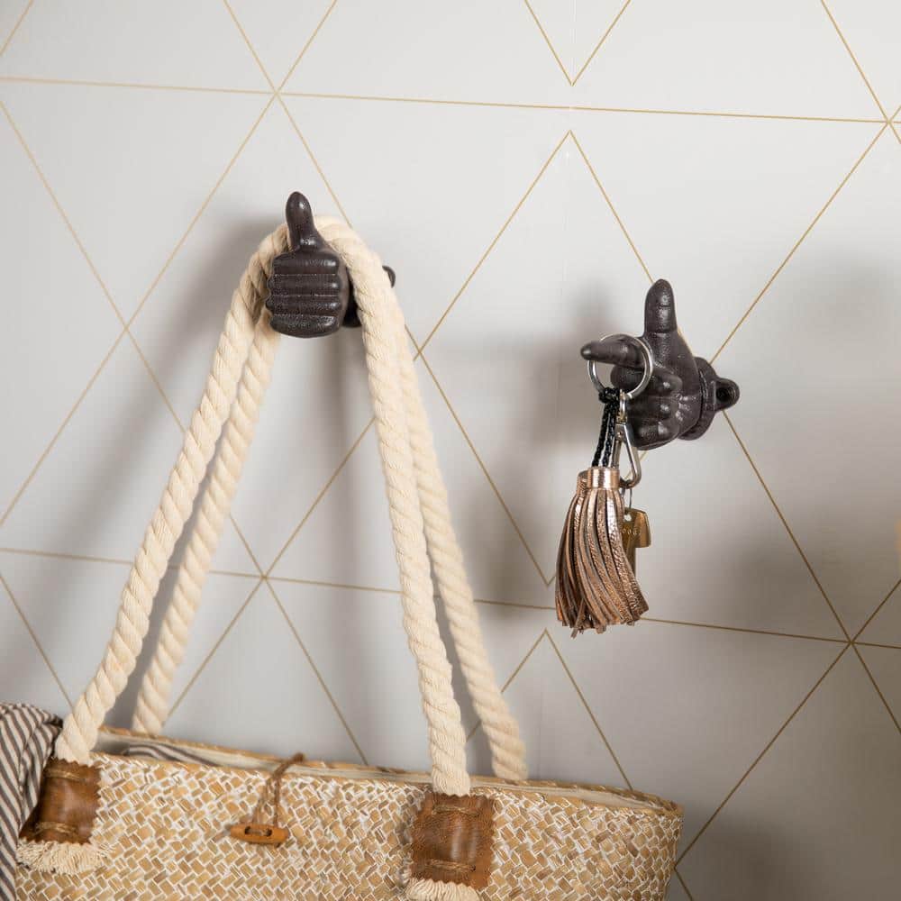 Dark Brown Cast Iron Thumbs Up and Pointing Finger Wall Hook Set