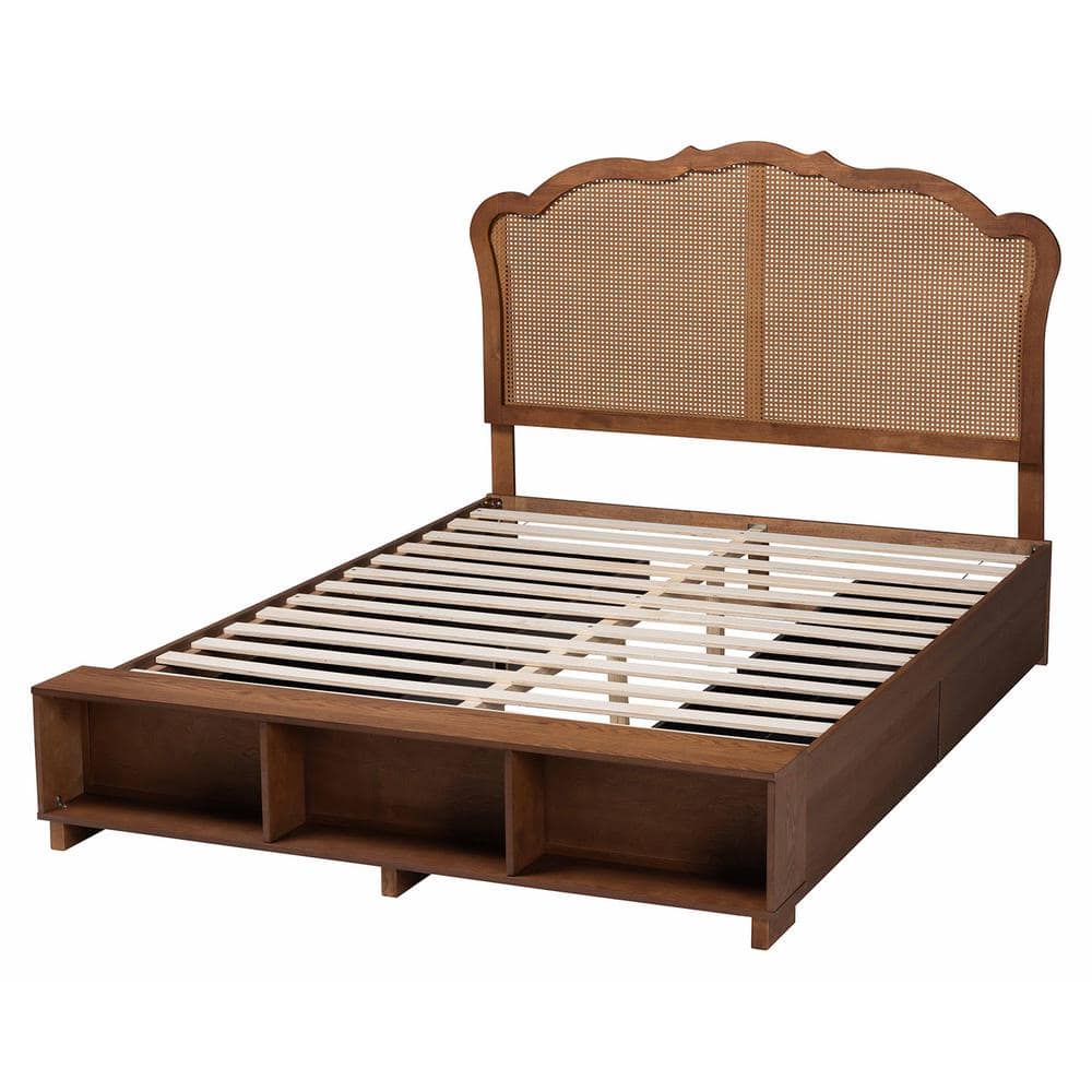 Latrell Walnut Brown Wood Queen Bed with Rattan Headboard and Storage