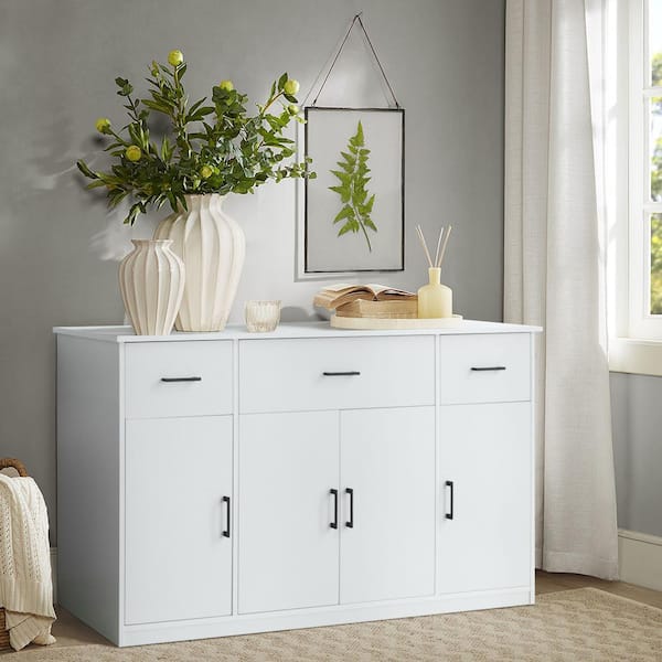 VEIKOUS 56 in. Accent Storage Cabinet Kitchen Storage Cabinet with 4-Doors and 3-Drawers in White