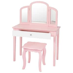 2-Piece MDF Top Pink Bar Table Set Kids Vanity Set Princess Makeup Dressing Play Table Set