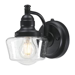 Eddystone 1-Light Matte Black Outdoor Wall Mount Sconce with Clear Seeded Glass, Dusk to Dawn Sensor