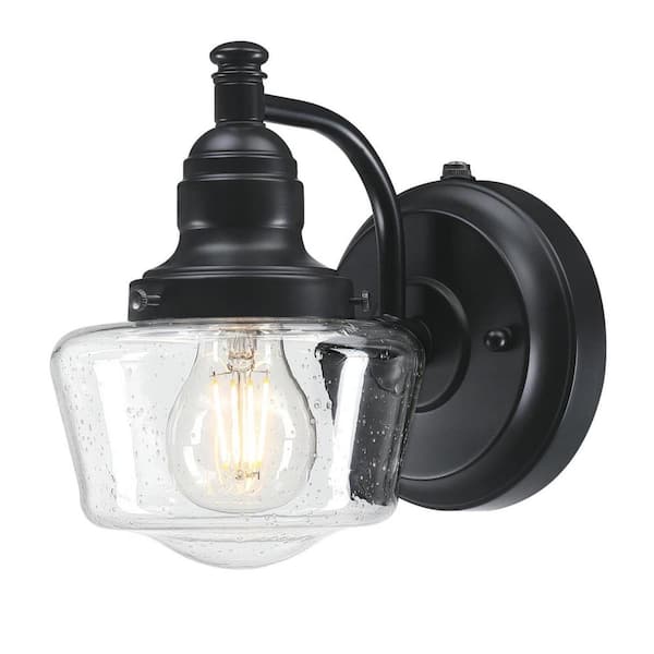 Eddystone 1-Light Matte Black Outdoor Wall Mount Sconce with Clear Seeded Glass, Dusk to Dawn Sensor