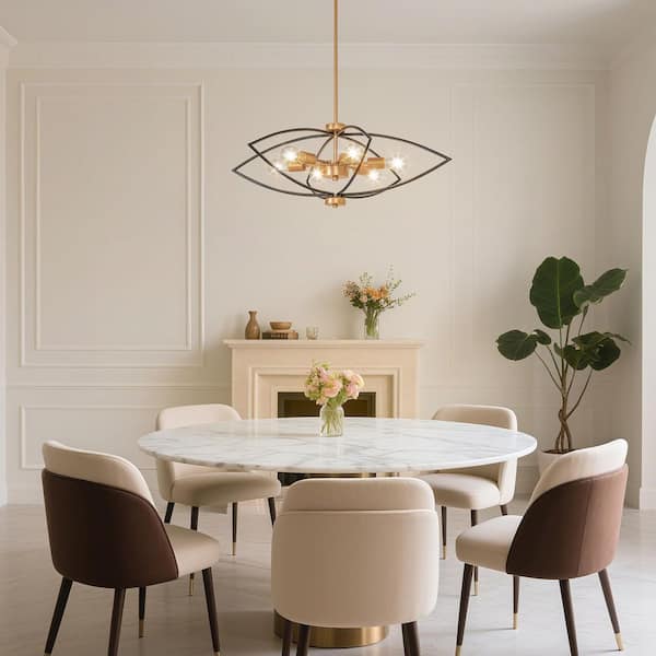 Modern 6-Light Dark Gold Island Chandelier with Black Metal Cage for Living Room, No Bulb Included