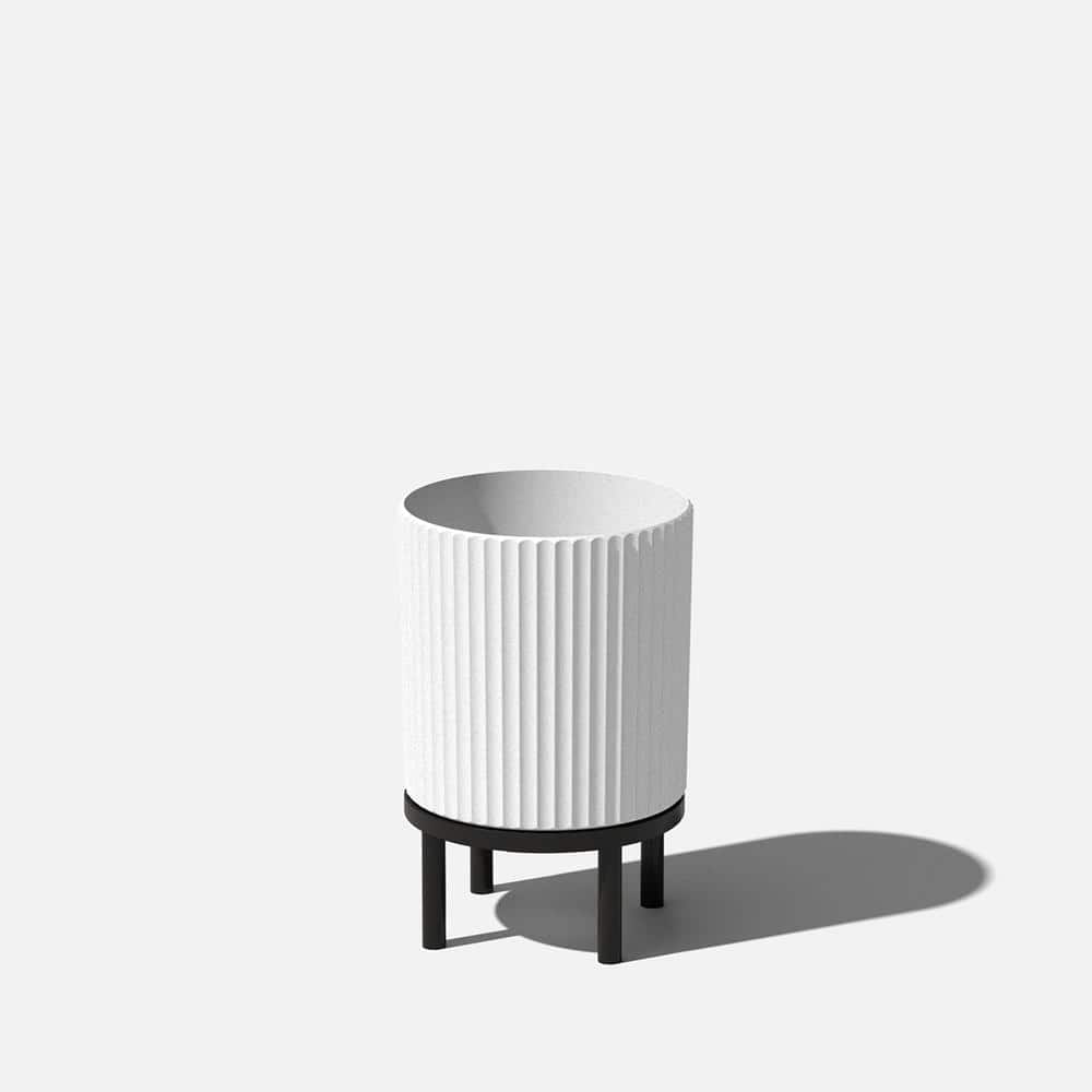 White and Black Fluted Planter with Acacia Wood Stand