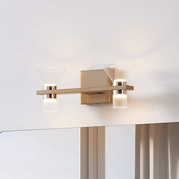 Blake 16-inch 4-light Champagne Gold and Polished Nickel 5CCT LED Vanity Light with Clear and Clear Ribbed Glass