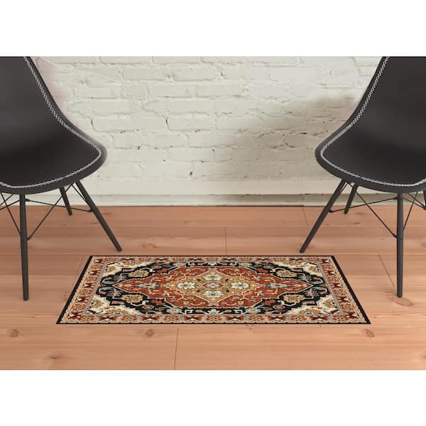Black/Orange 2 ft. x 3 ft. Oriental Power Loom Area Rug With Fringe