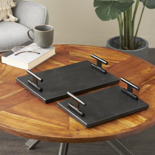 Litton Lane Black Marble Textured Decorative Tray with Rod Handles (Set of 2)