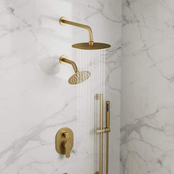 3 in 1 Showers with Valve 3-Spray Dual Wall Mount 10 in. Fixed and Handheld Shower Head 2.5 GPM in Brushed Gold