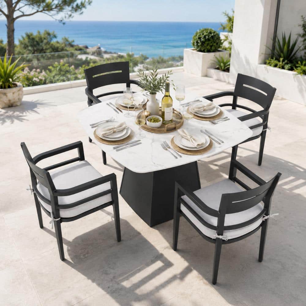 White 5-Piece Aluminum Rounded Square Outdoor Dining Set with Sunbrella Cushions and 4 Armchairs price history on PriceWatchPro