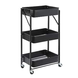31.5 in. Black Metal -3 Tier Flodable shelving unit with four scroll wheel