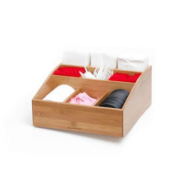 Square Natural Bamboo Condiment Organizer - 9 Compartments - 11 3/4 x 11  3/4 x 5 1/2 - 1 count box