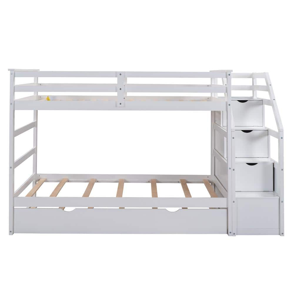 White Twin Over Twin Solid Wood Bunk Bed with Trundle and Storage Drawers, Twin Kids Bunk Bed with Guardrail -  ANBAZAR, 01330ANNA-K