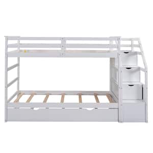 White Twin Over Twin Solid Wood Bunk Bed with Trundle and Storage Drawers, Twin Kids Bunk Bed with Guardrail