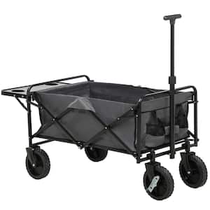 Collapsible Wagon Serving Cart with Adjustable Handle, Folding Table and Cup Holders with Wheels, Dark Gray
