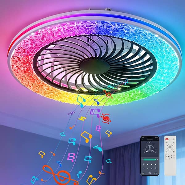23 in. Smart RGB Indoor White Ceiling Fans with Lights and Remote, Caged Flush Mount Ceiling Fan Low Profile for Bedroom