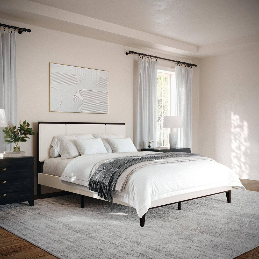 Queen Dark Brown and Beige Upholstered Wood Platform Bed