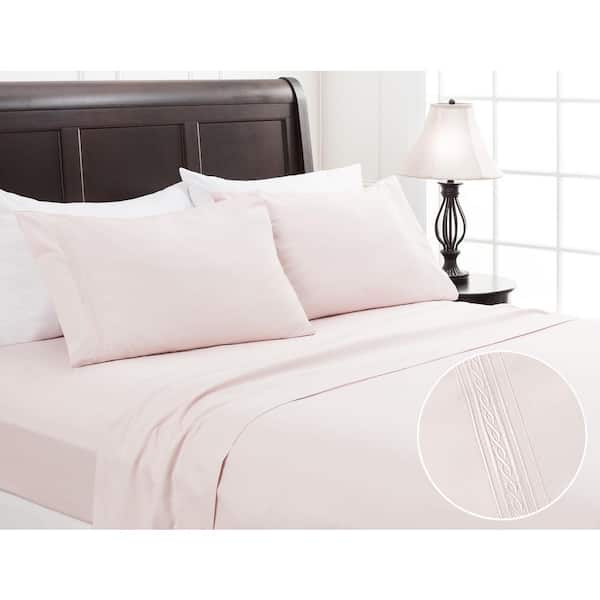 4-Piece Tan Pink Solid Color Embroidered Microfiber Bedsheets Set, Queen