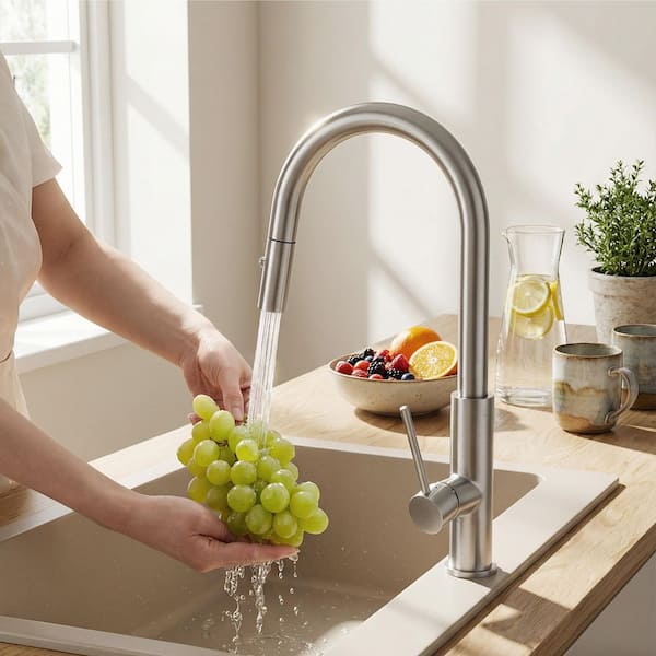Akicon Brushed Nickel 16.8 in. H Single-Handle Pull-Down Sprayer Kitchen Faucet with 360° Spout Swivel