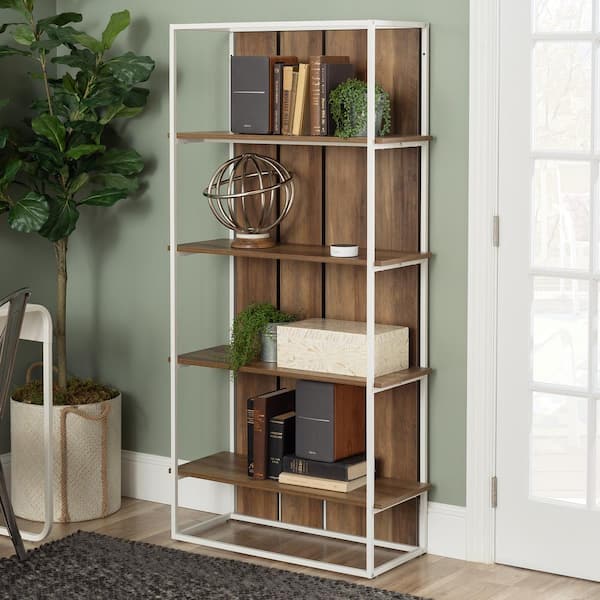 Walker Edison Furniture Company 64 in. Rustic Oak/White Metal 4-shelf Etagere Bookcase with Storage