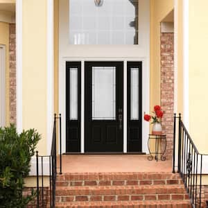 36 in. x 80 in. Left-Hand/Inswing 3/4 Lite Wendover Decorative Glass Black Steel Prehung Front Door w/Sidelites