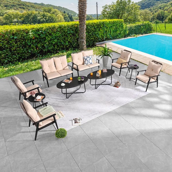 10-Piece Metal Patio Conversation Set with Beige Cushions
