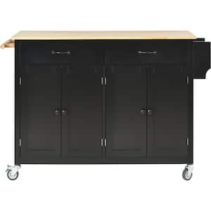 Black Solid Wood MDF Kitchen Cart with Spice Rack and Locking Wheels