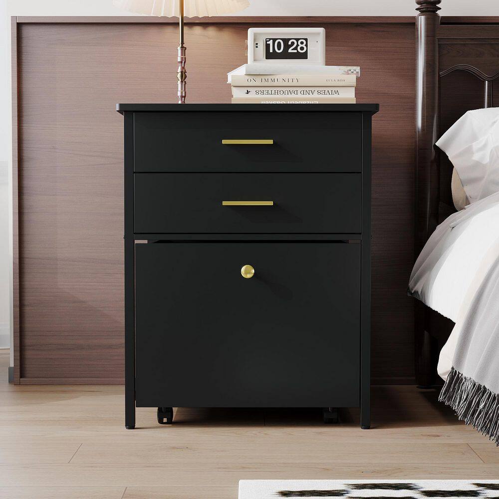 Black 3 Drawer 21.7 in. W Nightstand with Wheels, Metal Frame, Gold Handles, Rounded Edge, Mini Storage Cabinet