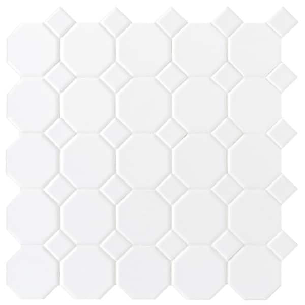 Octagon and Dot Matte White with White Dot 4 in. x 4 in. Glazed Ceramic Mosaic Tile Sample