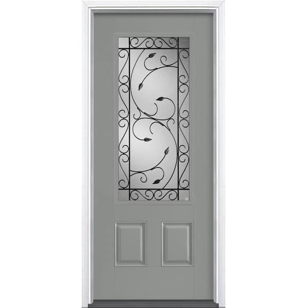 Masonite 36 in. x 80 in. Pergola Silver Cloud 3/4 Lite Left Hand Painted Smooth Fiberglass Prehung Front Door with Brickmold