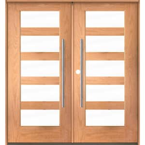 Faux Pivot 72 in. x 80 in. Right-Active/Inswing 5 Lite Clear Glass Teak Stain Double Fiberglass Prehung Front Door