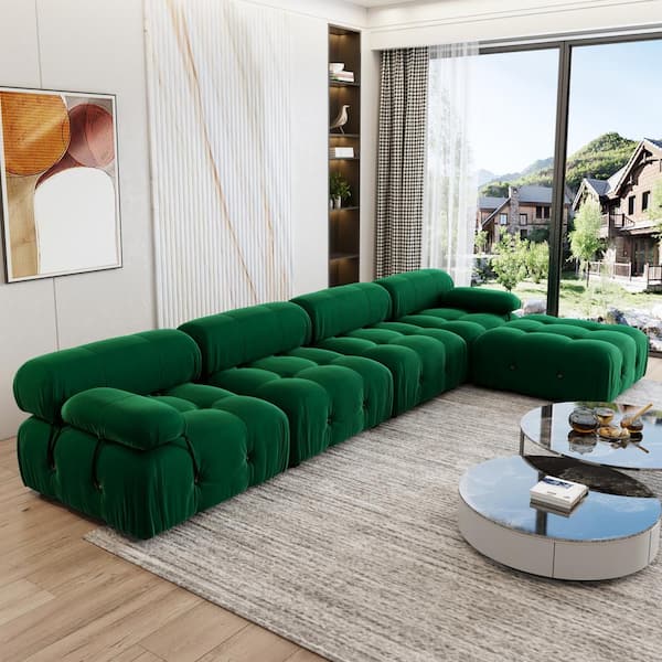 103.85 in. Square Arm 4-piece L Shaped Velvet Modular Free Combination Sectional Sofa with Ottoman in. Green