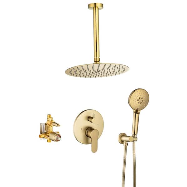 WELLFOR 1-Spray 10 in. Dual Shower Head Ceiling Mounted Fixed and Handheld Shower Head 2.5 GPM in Brushed Gold