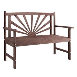 43.3 in. Width 2-Person Teak Color Solid Spruce Wood Outdoor Bench with Back & Armrest