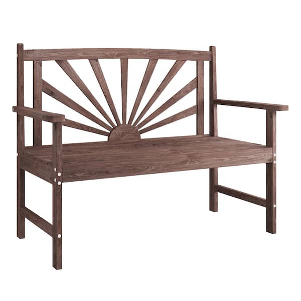 Kingdely 43.3 in. Width 2-Person Teak Color Solid Spruce Wood Outdoor Bench with Back & Armrest