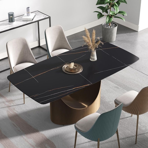 70.87 in. Black Sintered Stone Rectangle Top Pedestal Bronze Carbon Steel Legs Dining Table (Seats 6)