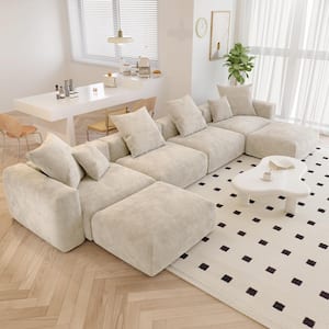 181 in. W Square Arm Corduroy Velvet U-Shaped Free Combination Sofa with Ottoman in. Beige