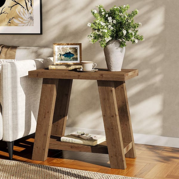 Farmhouse 15.74 in. Brown Solid Wood Rectangular End Table with Sturdy Base and Rustic Design for Living Room or Bedroom
