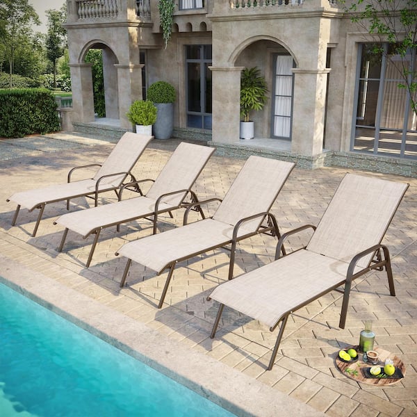 Pellebant Brown 4-Piece Metal Adjustable Outdoor Chaise Lounge Chairs in Beige with Arms