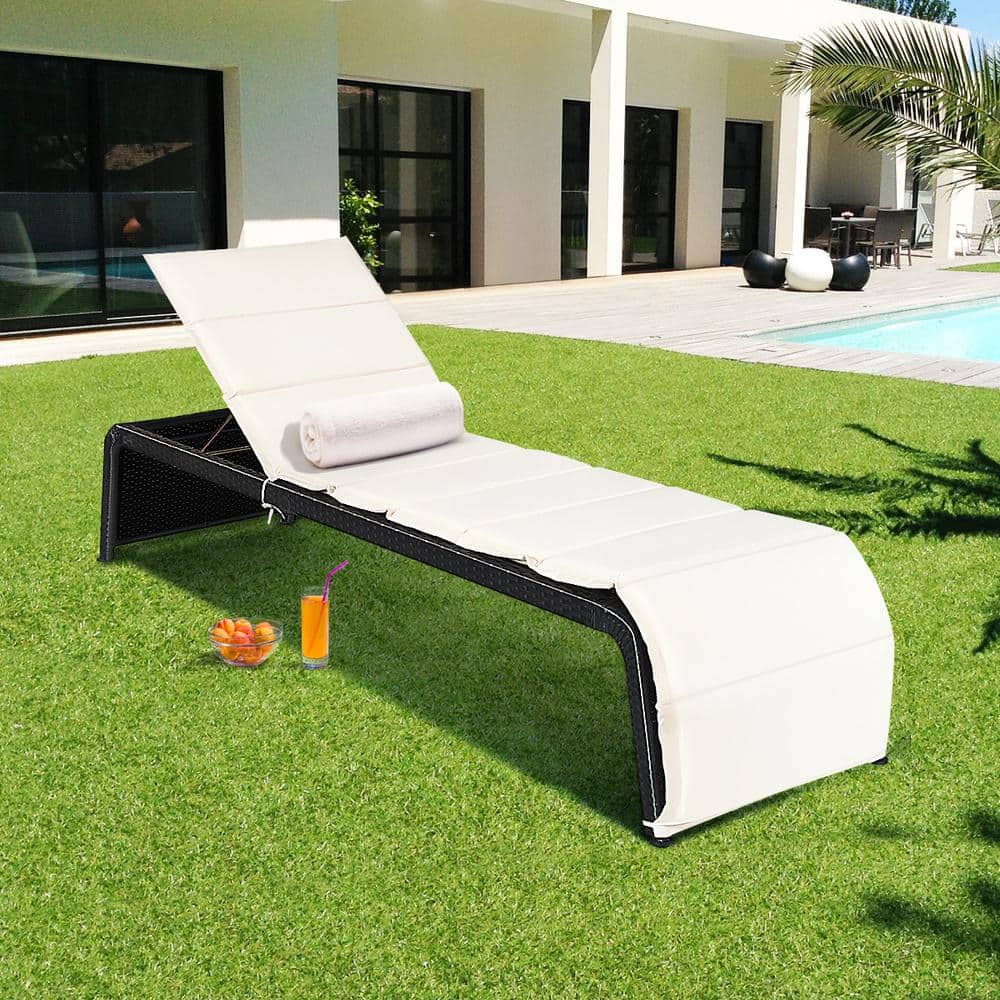 Adjustable Black Rattan Outdoor Chaise Lounge with White Cushions