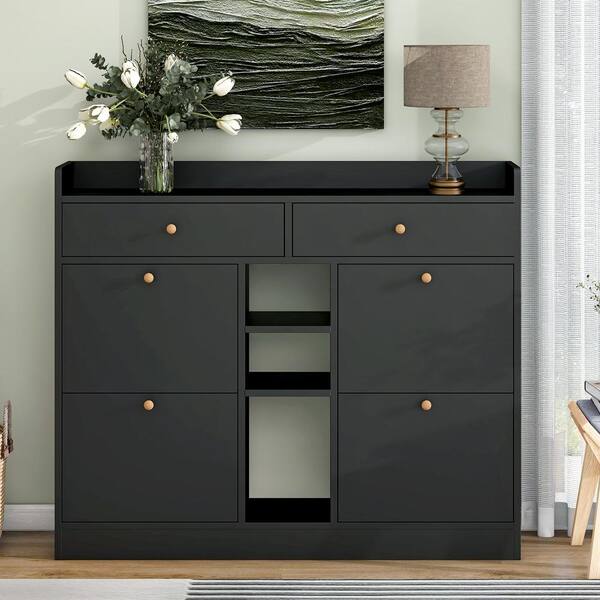 41 in. H x 35 in. Black Tempered Glass Top Shoe Storage Cabinet with LED  Light Entryway Organizer with 2-Flip Drawers XS-WF303589AAB - The Home Depot