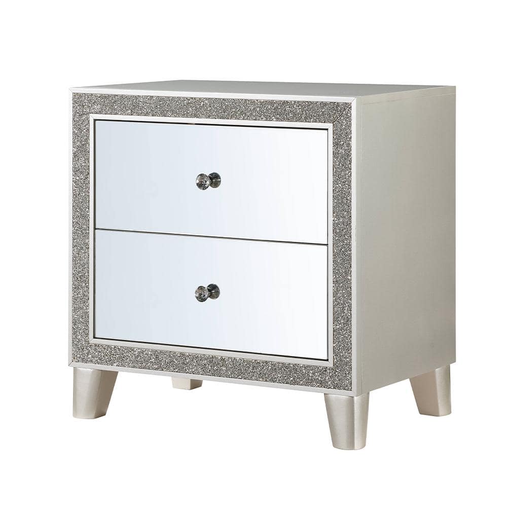 Elegant Mirrored Champagne Nightstand with 2 Solid Wood Drawers