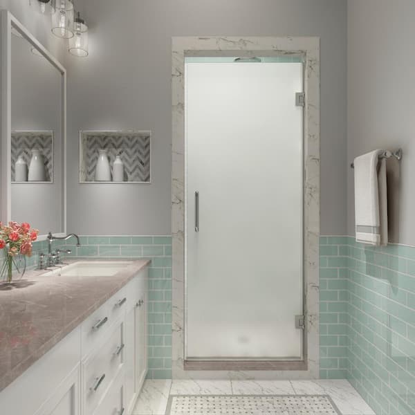 Aston Kinkade XL 26.25 in. - 26.75 in. x 80 in. Frameless Hinged Shower Door with UltraBright Frosted Glass in Polished Chrome