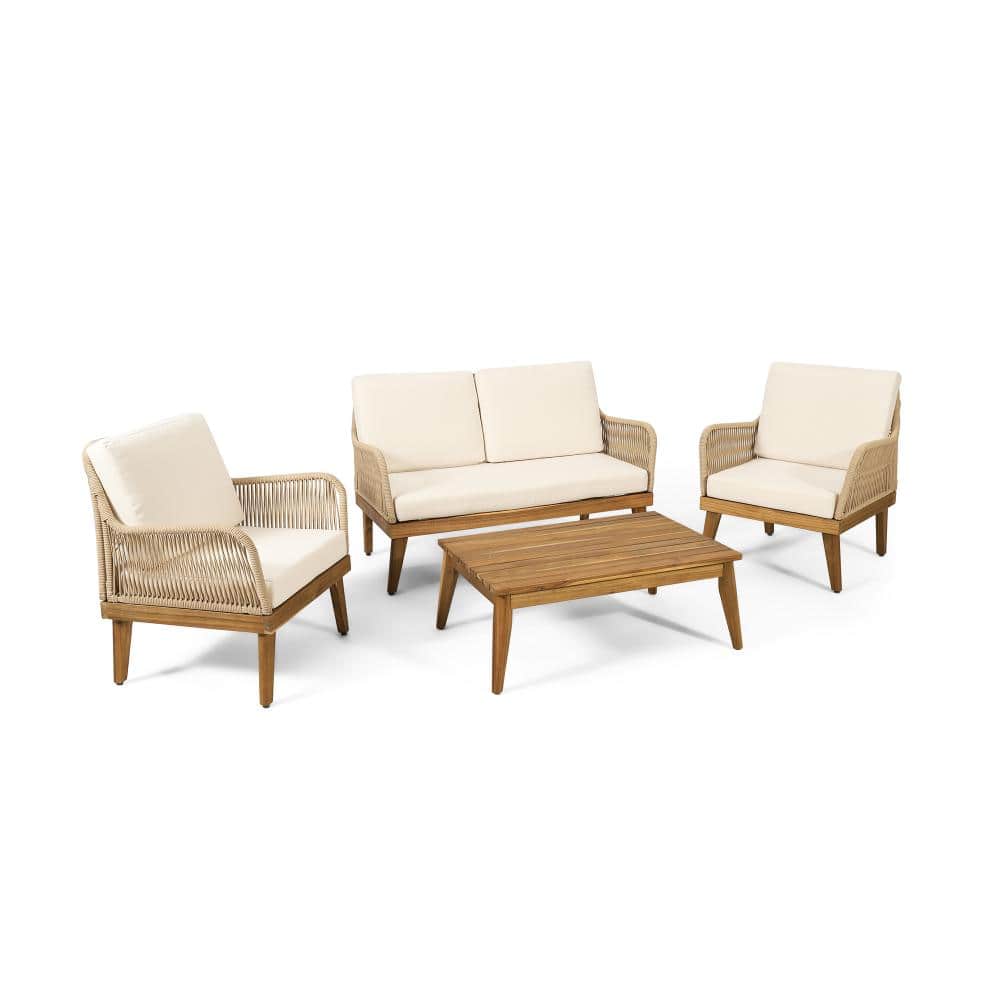 4-Piece Wood Outdoor Conversation Set with Beige Cushions price history on PriceWatchPro