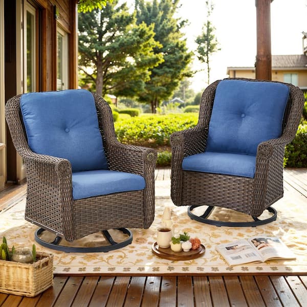 moosprr Brown Swivel Glider Wicker Outdoor Rocking Chair with Blue Cushions and Chrysanthemum Armrest (2-Pack)