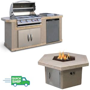 7 ft. Stucco Grill Island with 4-Burner Gas Grill in Stainless Steel and Firepit