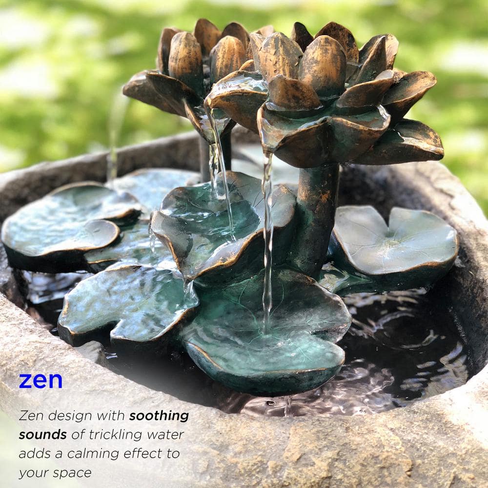 Solar Powered Brown Polyresin Lotus Rock Fountain with LED Lights