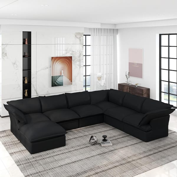 163 in. Flared Arm 7-Piece Linen Overstuffed Cloud Sofa Solid Wood L-Shaped Sectional Sofa in Black with Storage Ottoman
