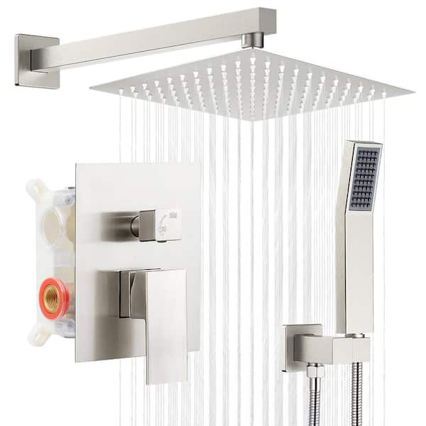 1 Spray Square High Pressure Wall Bar Shower Kits with Valve and Hand Shower Rainfall Shower in Brushed Nickel