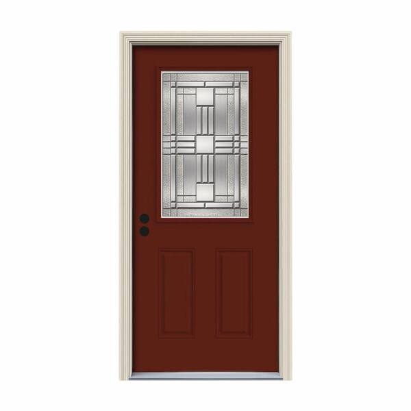 JELD-WEN 32 in. x 80 in. 1/2 Lite Cordova Mesa Red Painted Steel Prehung Right-Hand Inswing Front Door w/Brickmould