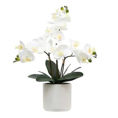 Nearly Natural 19 in. White Artificial Triple Stem Orchid Flower Arrangement